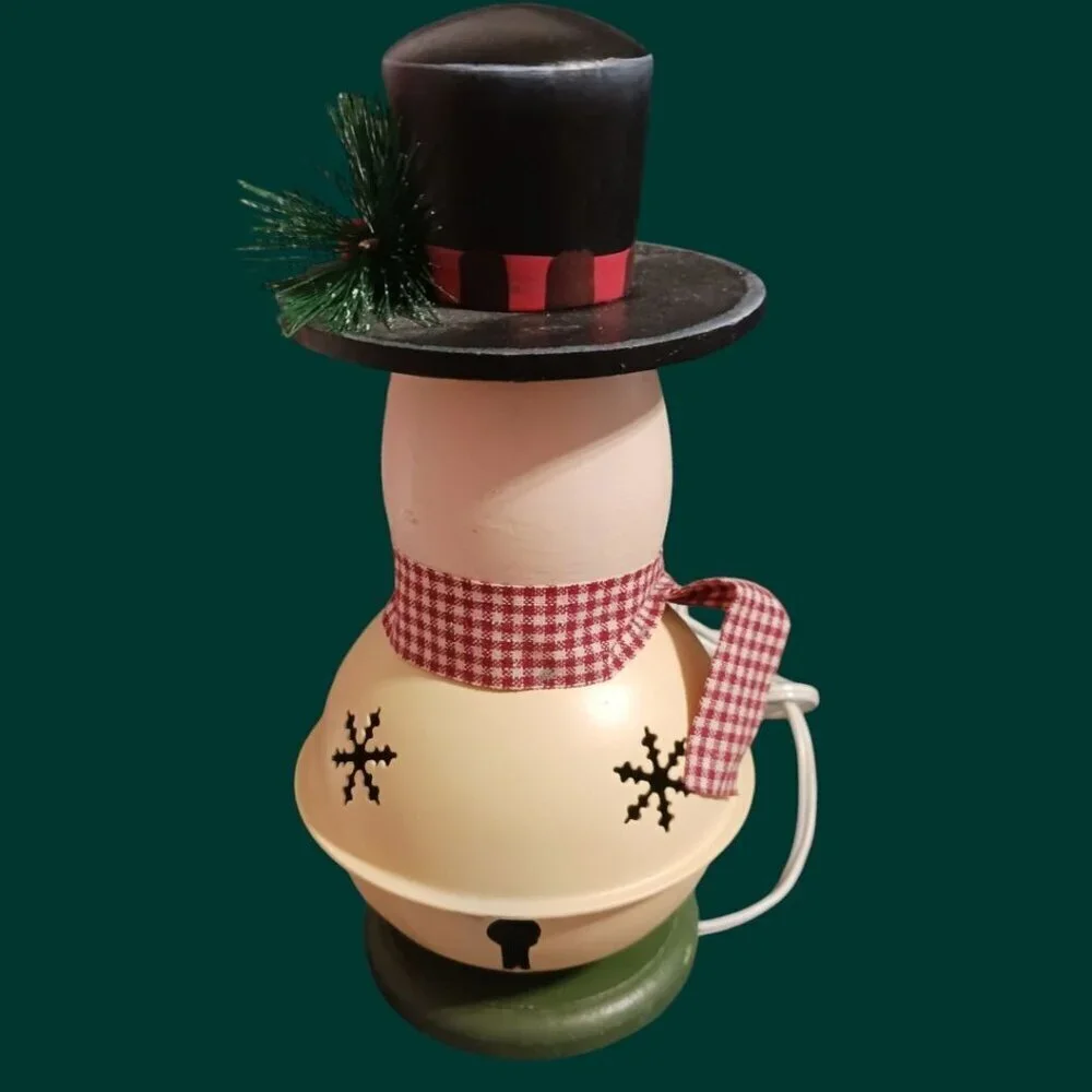 Snowman decorative table  lamp with red plaid scarf & black hat